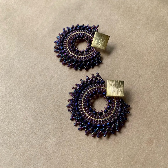 Mexican Beaded Handmade Purple Gold Statement Earrings - Picture 2 of 6